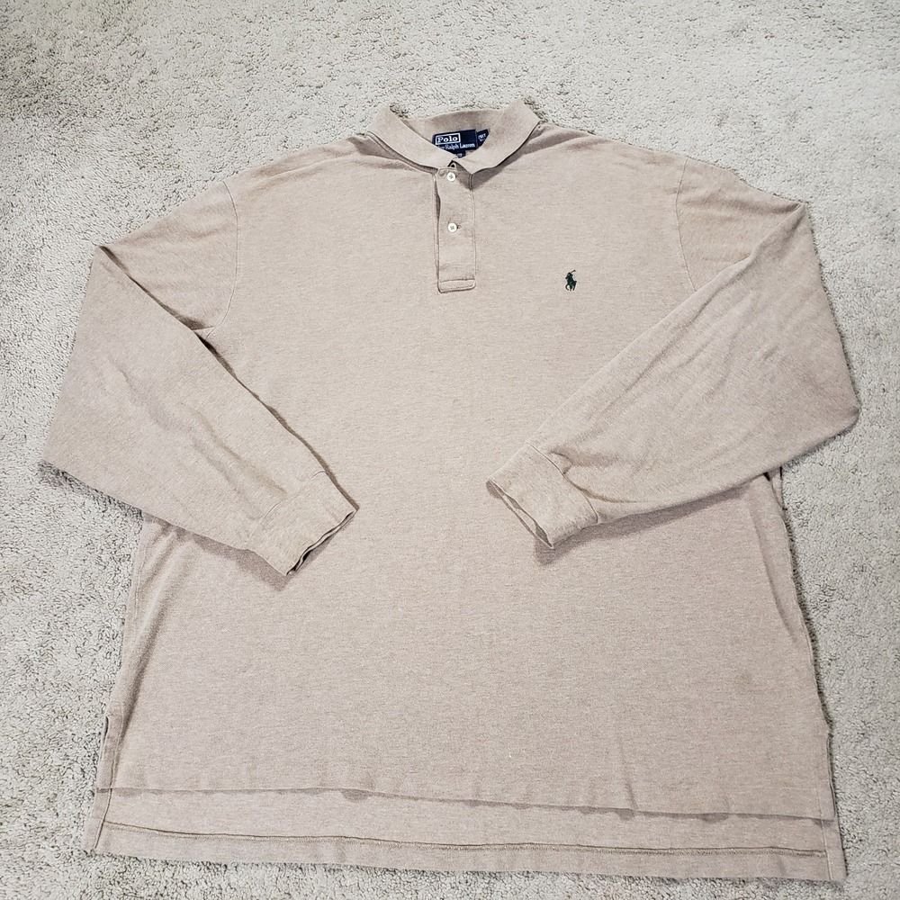 Ralph Lauren Mens 2XLT Tall Tan Green Pony Long Sleeve Pique Polo Shirt